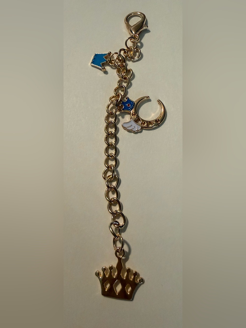 Gold Tone Crescent Moon Charm Chain with Blue & White Enamel
